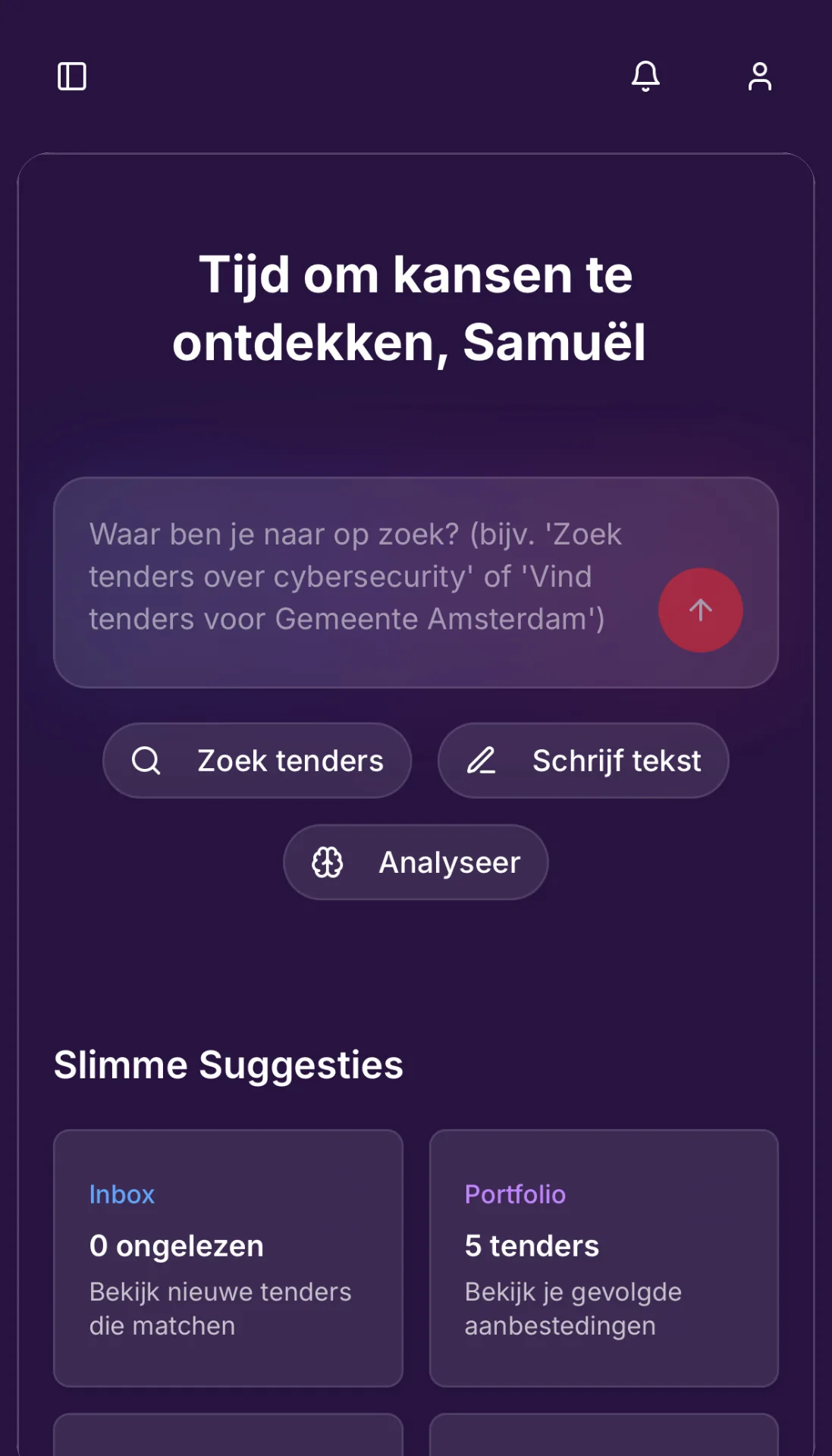 Tender Shark op mobiel: dashboard met gevonden aanbestedingen, AI-relevantiescores en tender-tracker