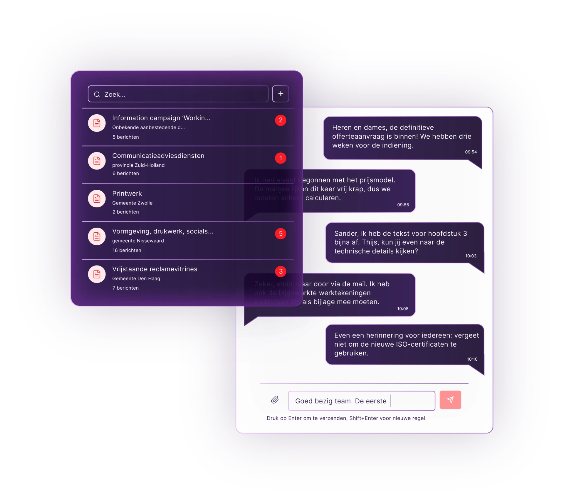 Samenwerken met realtime chat per tender en teamworkspace