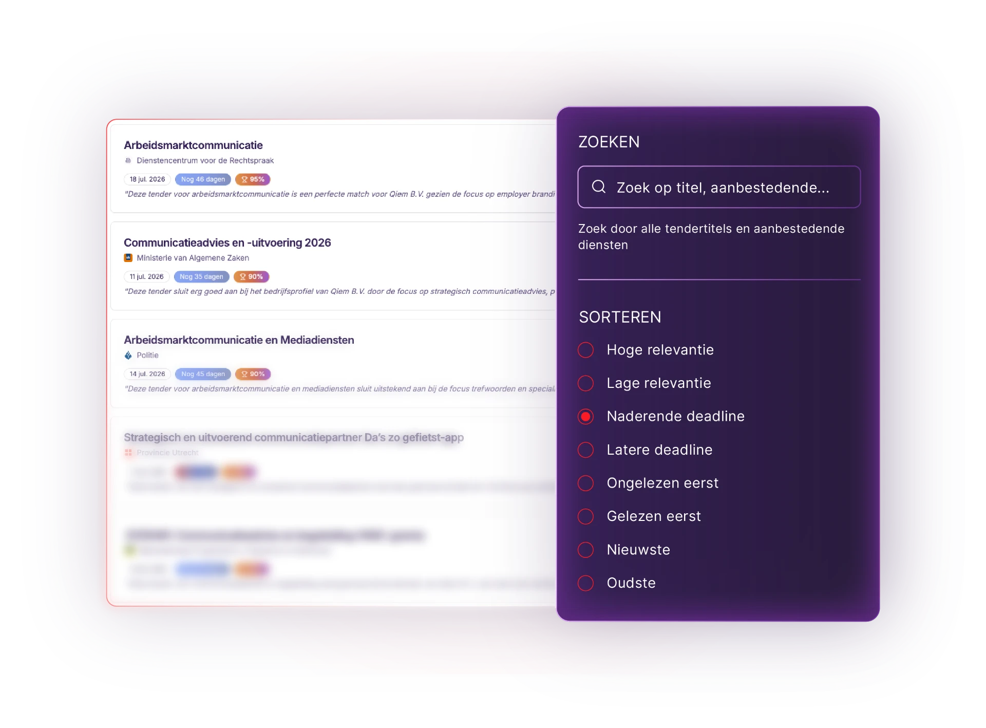 Tenderdatabase overzicht met relevante tenders en zoek-/sorteeropties