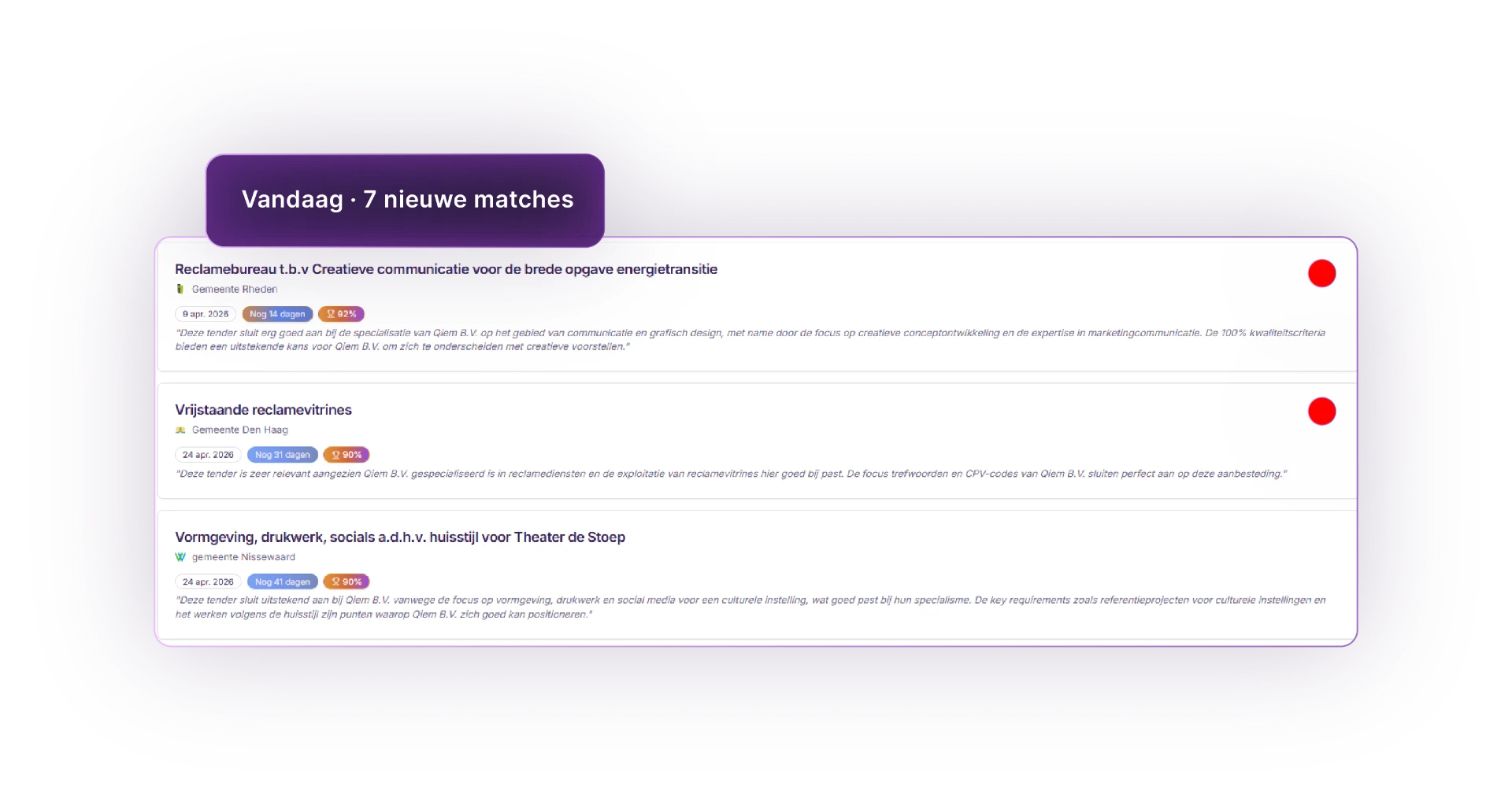 Zoeken en signaleren overzicht met nieuwe matches en relevantiescores